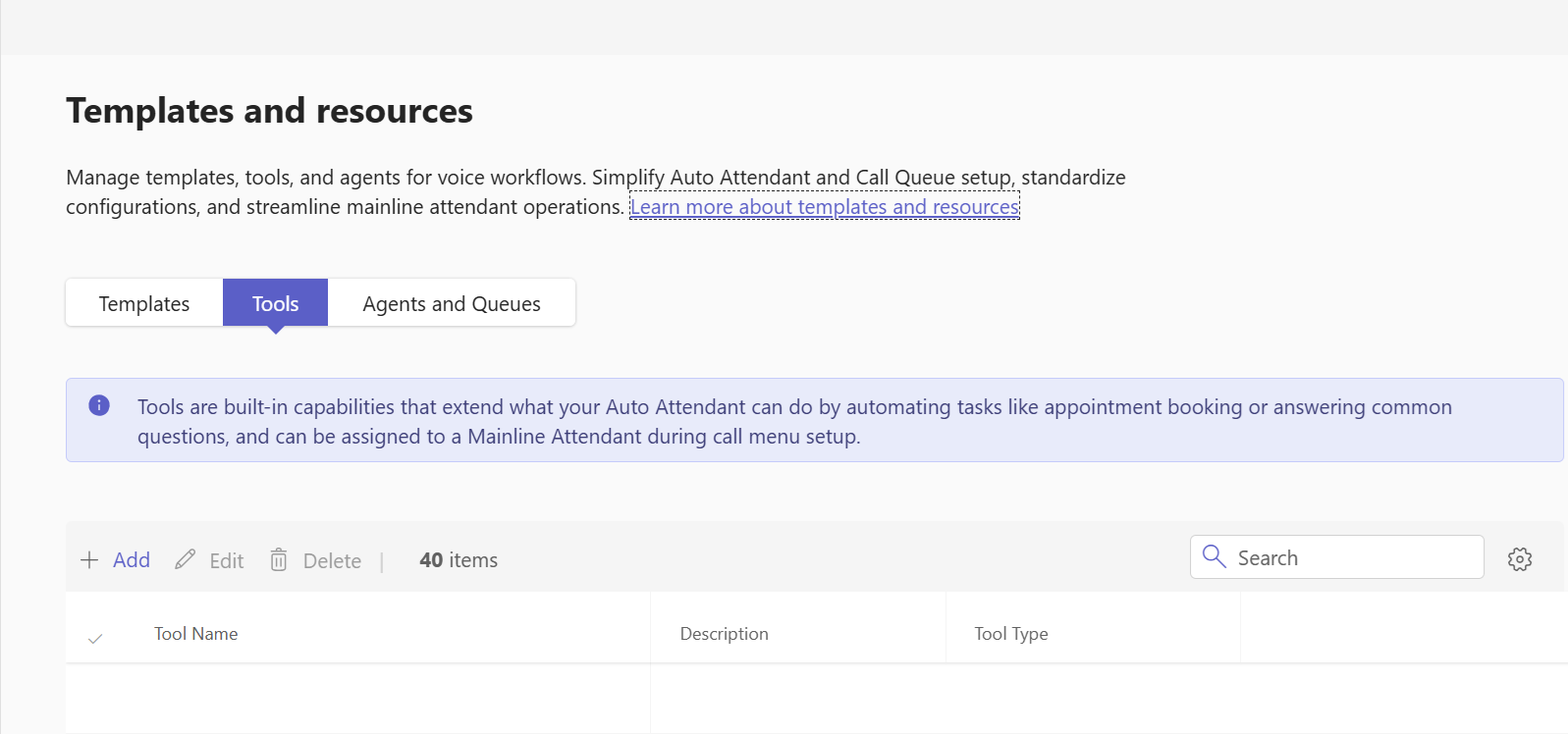 Screenshot showing Tools being selected on the Templates and resources page.