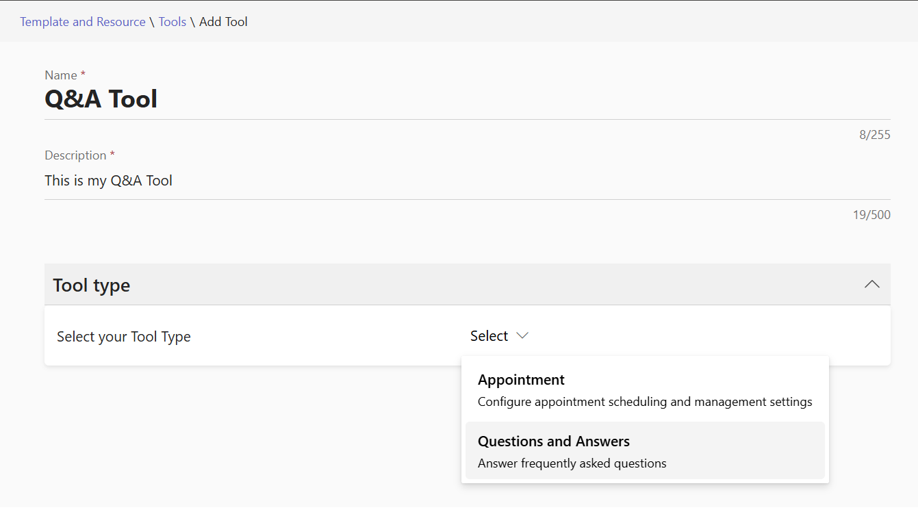 Screenshot showing the tool type available when creating a new tool.