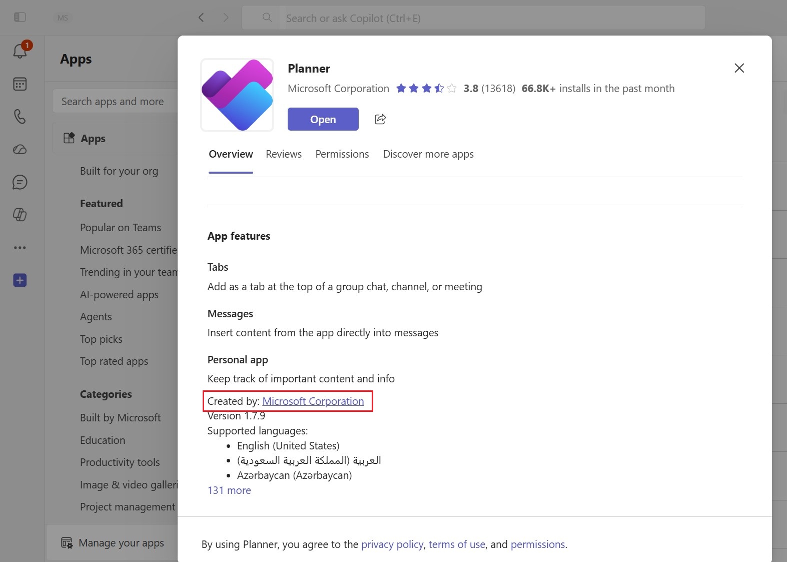 Screenshot showing a list of Microsoft apps in Teams admin center