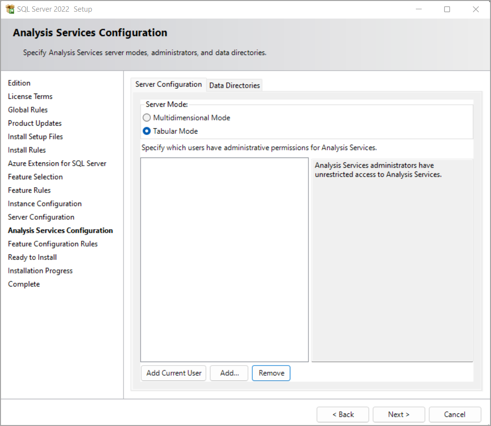Screenshot of SQL Server Setup with Analysis Services server configuration options.