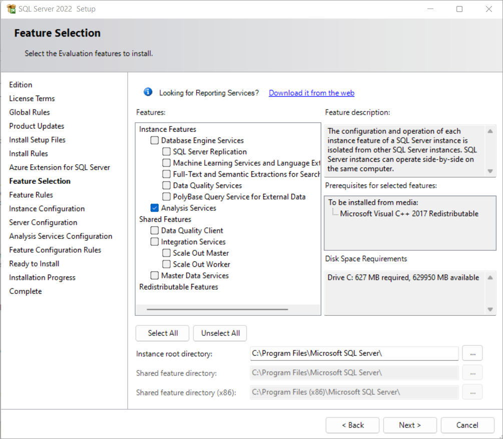 Screenshot of SQL Server Setup with Analysis Services selected in the feature tree.