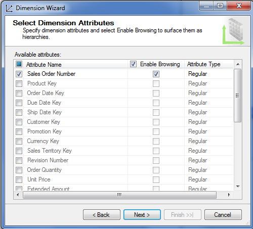 Sales order dimension showing attribute list Sales order dimension showing attribute list