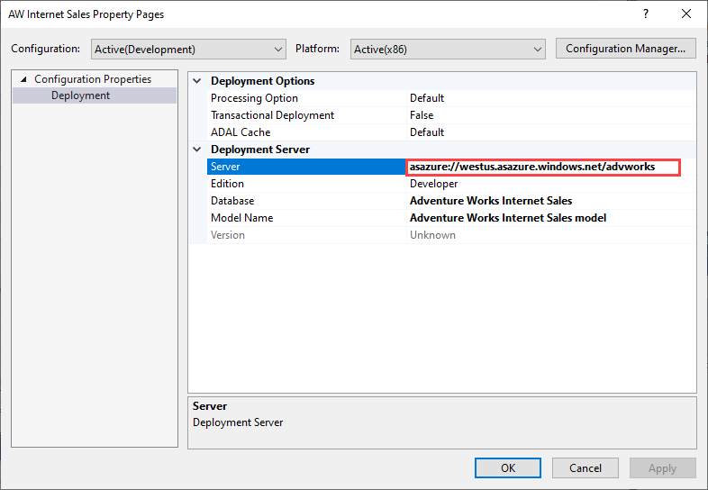 Screenshot of the AW Internet Sales Property Pages dialog box with the Server value called out.