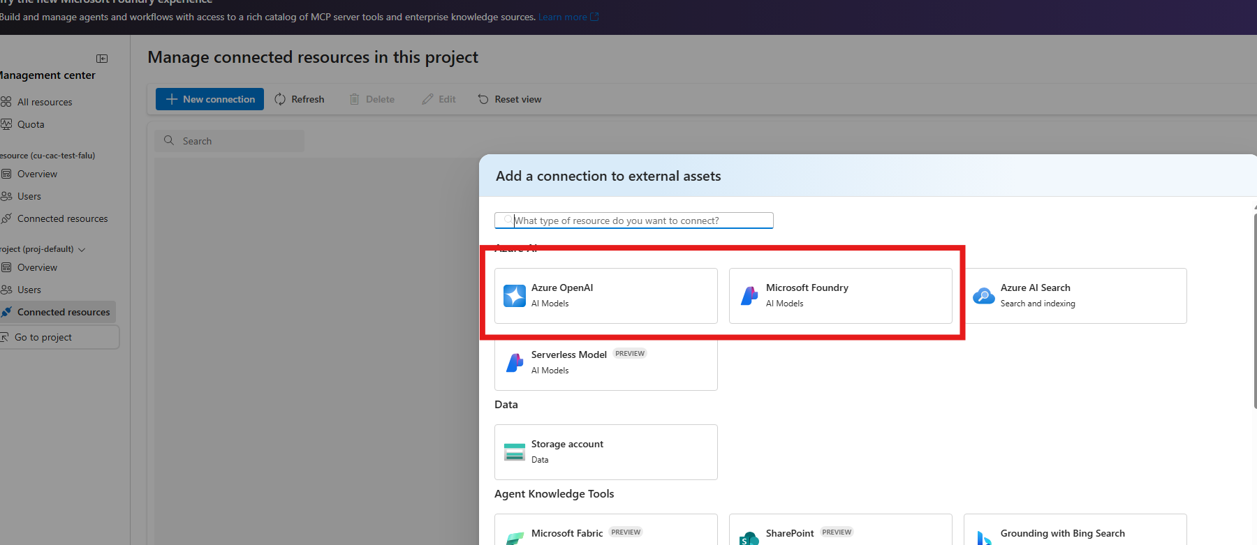 Screenshot of the Add a connection to external assets dialog with Azure OpenAI and Microsoft Foundry highlighted.