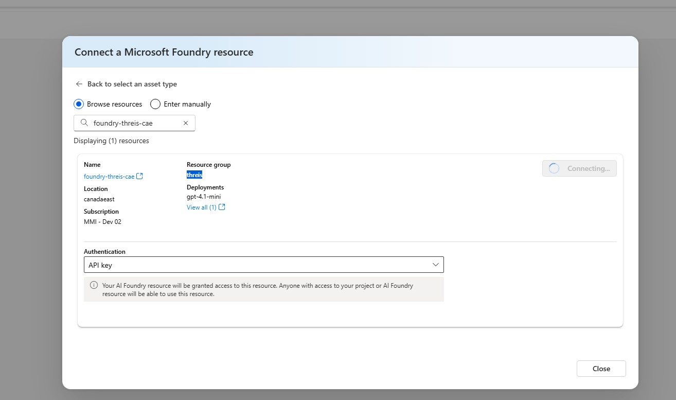 Screenshot of the Connect a Microsoft Foundry resource dialog showing Connecting status.