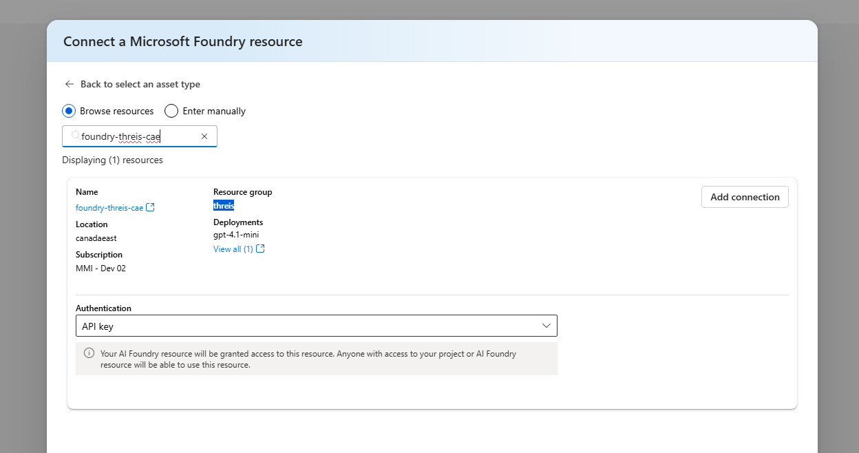 Screenshot of the Connect a Microsoft Foundry resource dialog with resource search and Add connection controls.