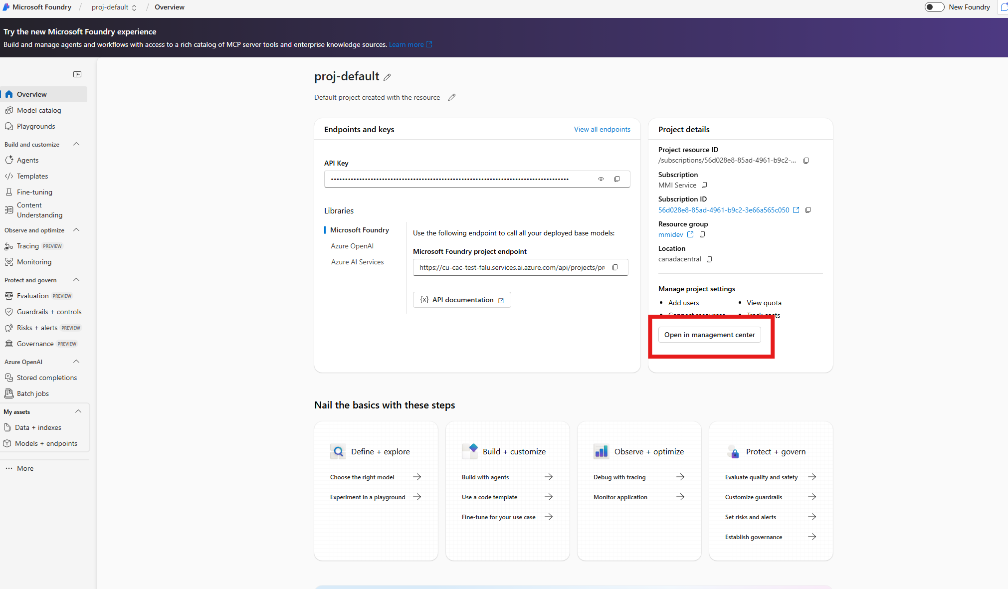 Screenshot of the Foundry overview page with Open in management center highlighted.