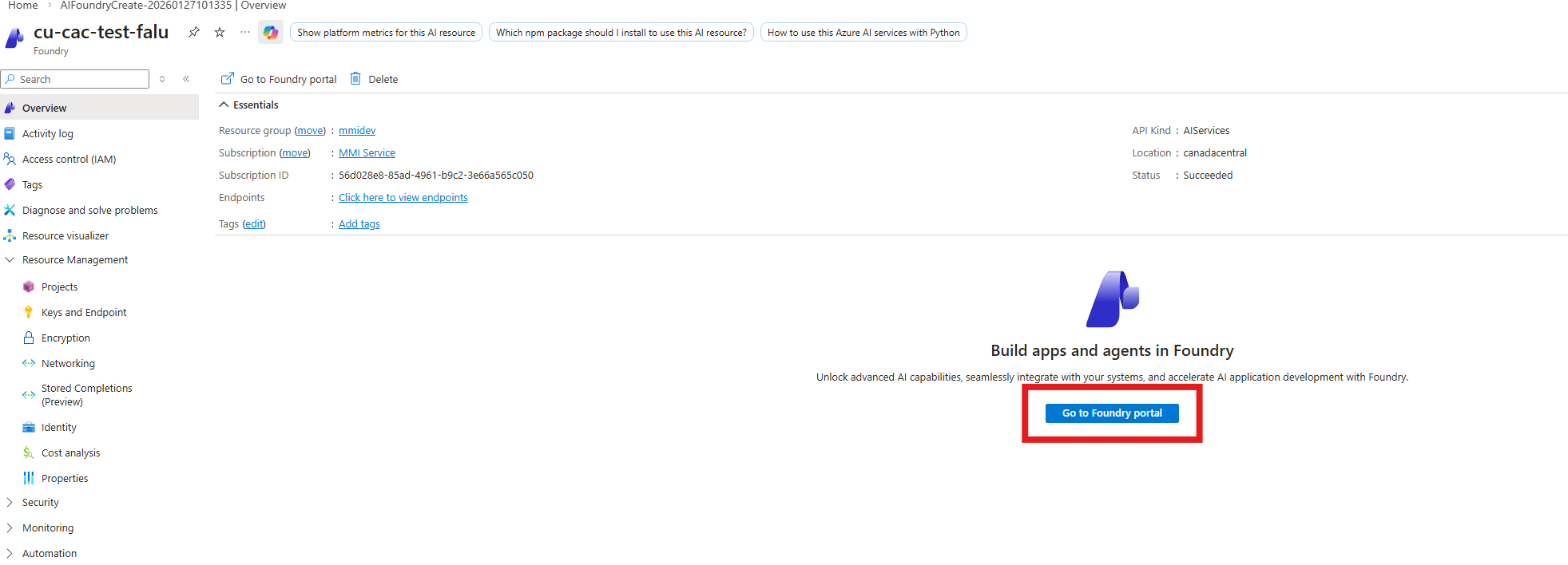 Screenshot of the Foundry resource overview page with Go to Foundry portal highlighted.