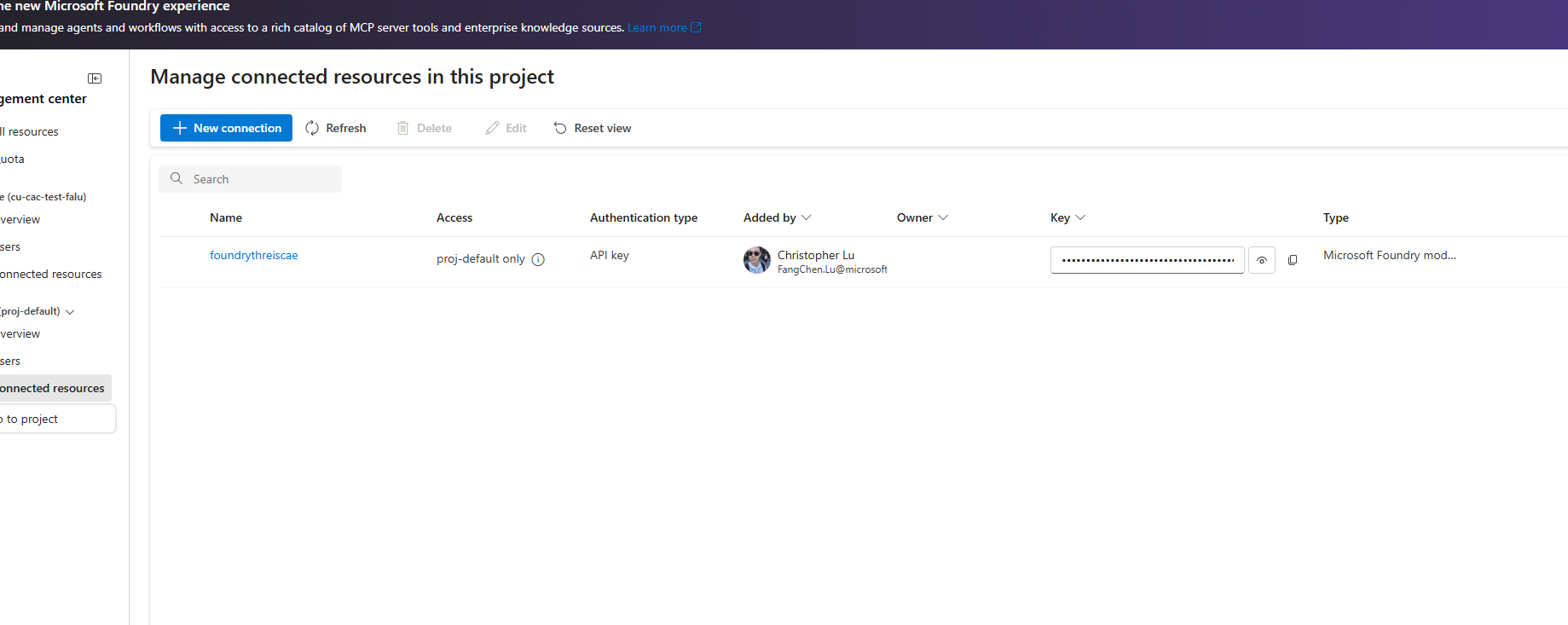 Screenshot showing the connected resource listed in Connected resources after setup.