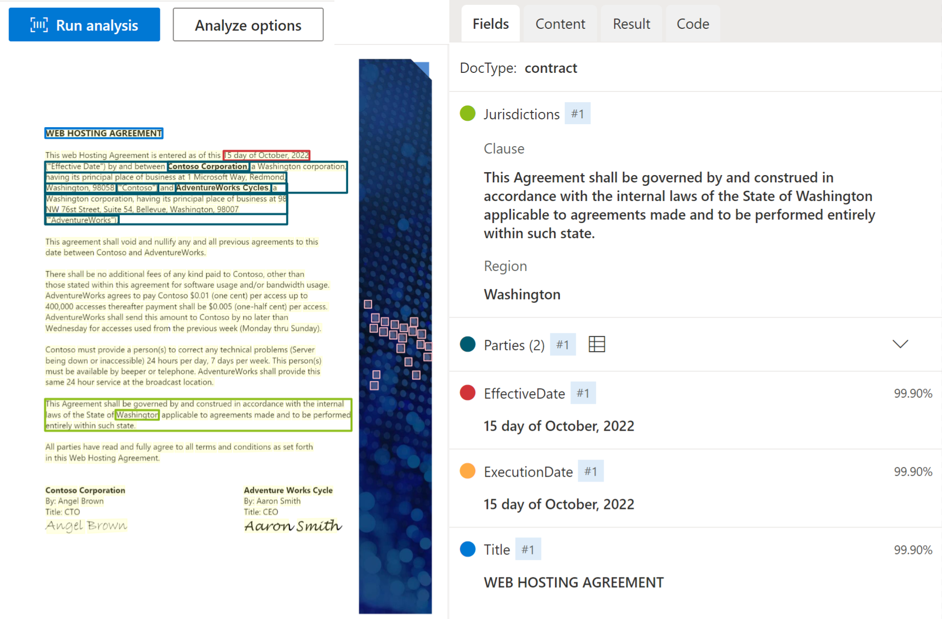 Screenshot that shows contract model extraction using Document Intelligence Studio.