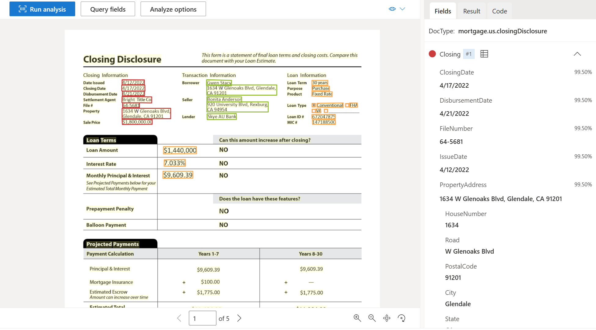 Screenshot that shows a sample closing disclosure.
