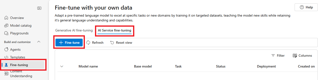 Screenshot of the fine tuning selector in the Foundry.