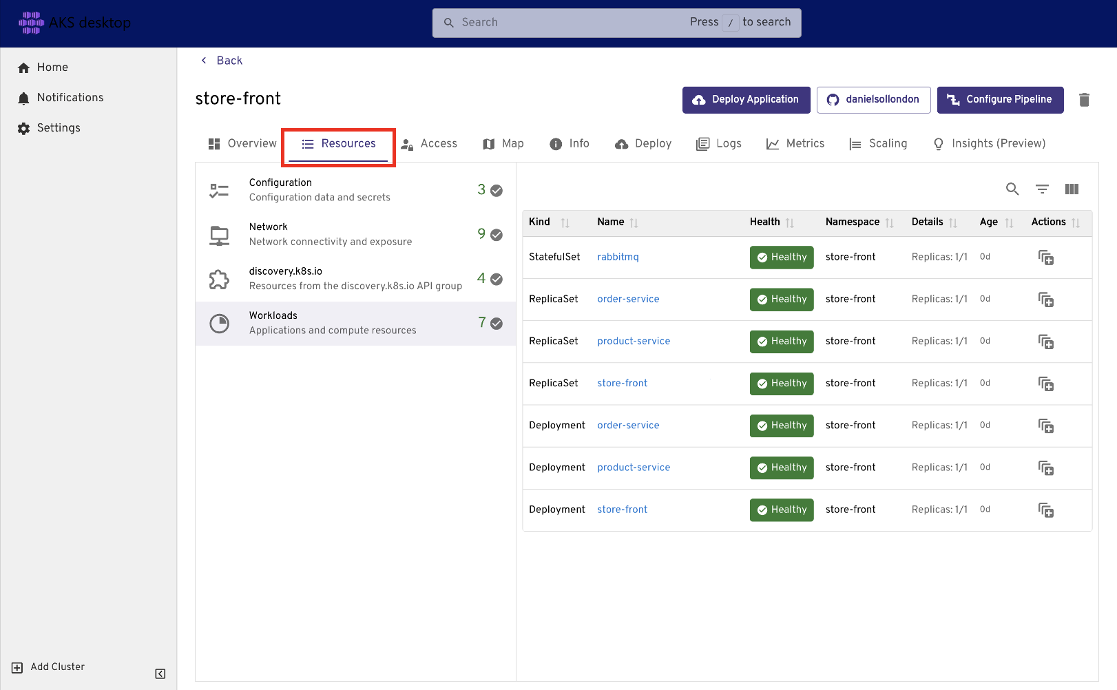 Screenshot that shows the Resources tab for viewing resources and their changes.