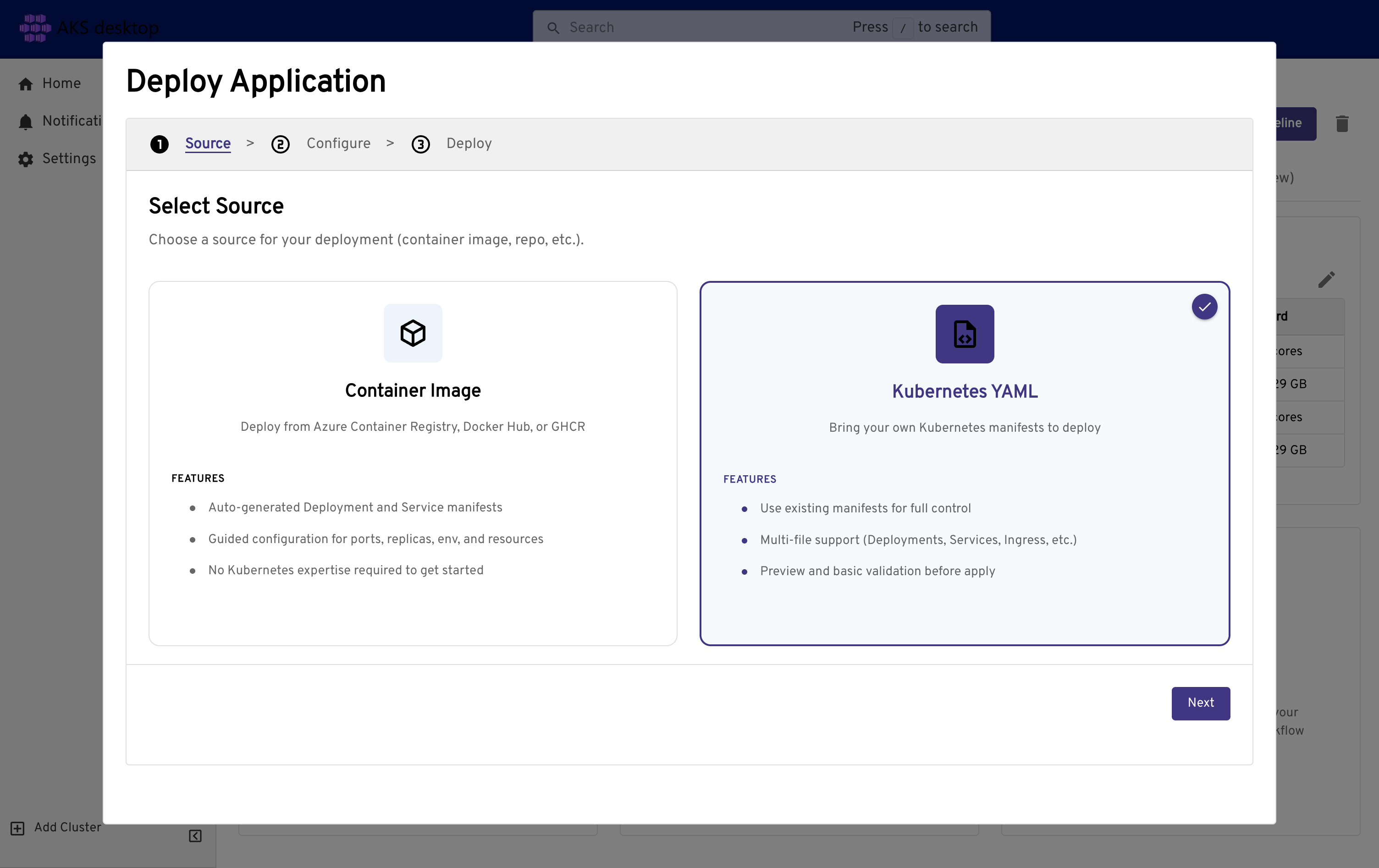 Select the application source, Kubernetes YAML