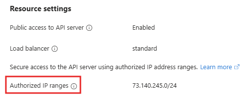 Screenshot showing authorized IP ranges under Resource settings in the Azure portal.