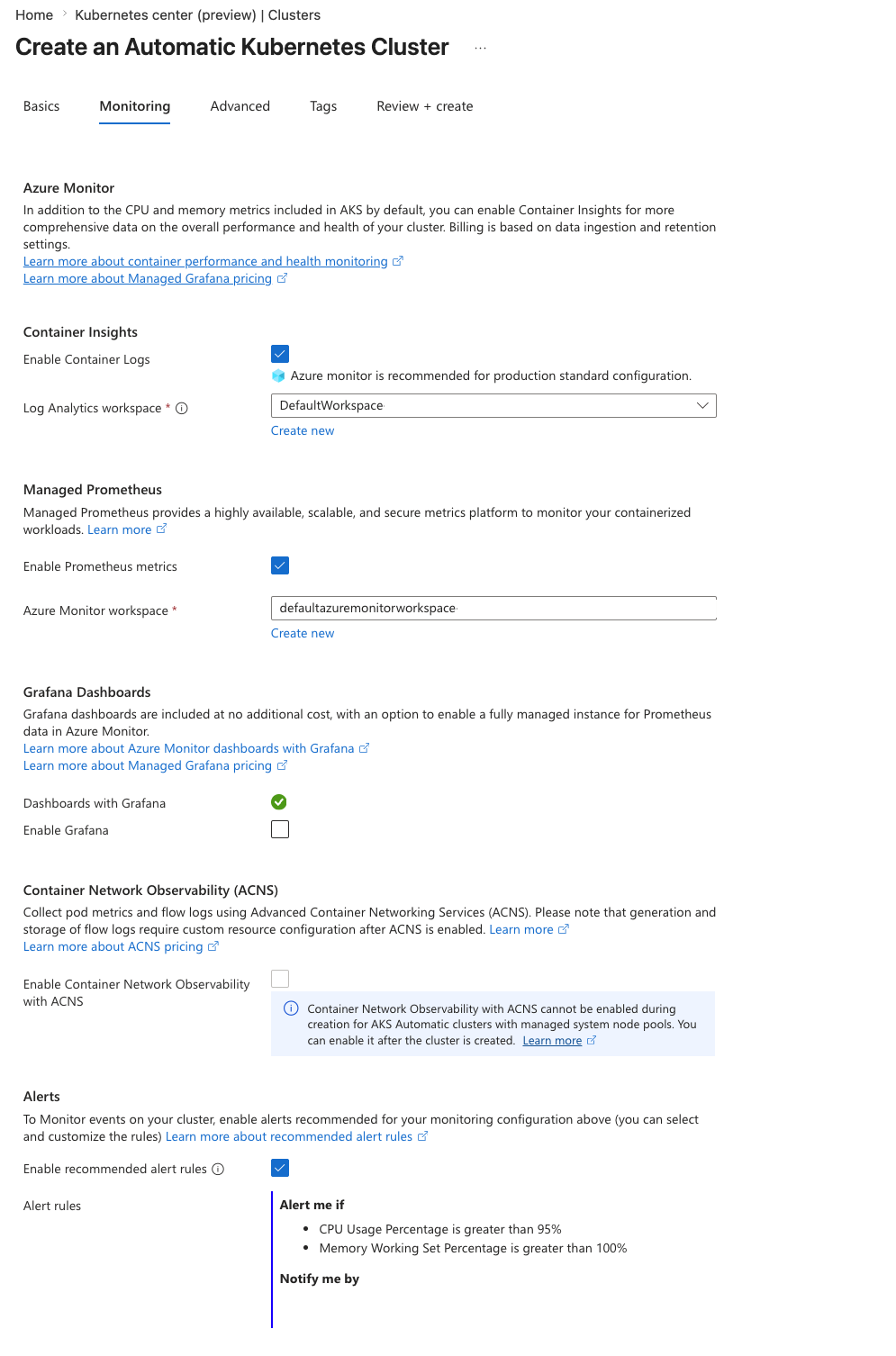 The screenshot of the Monitoring Tab while creating an AKS Automatic cluster in the Azure portal.