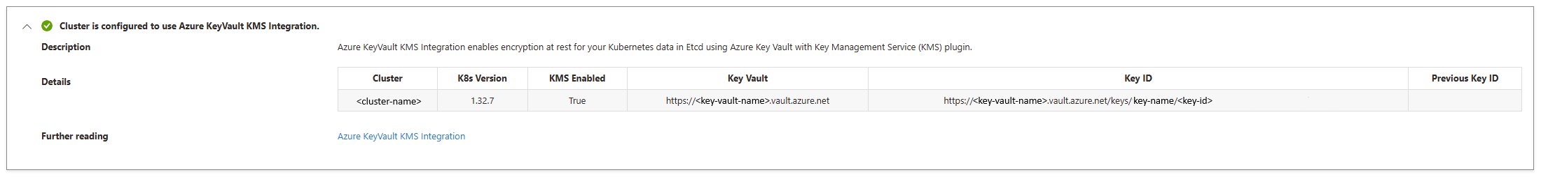 Screenshot of the KMS config information in the Azure portal.