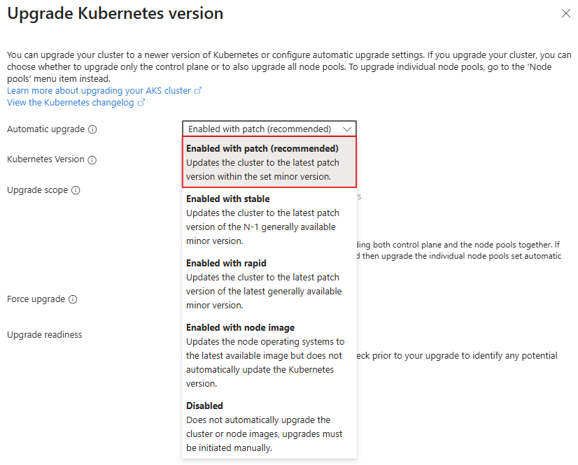 Screenshot of the Upgrade version screen with the Automatic upgrade option set to Enabled with patch (recommended).