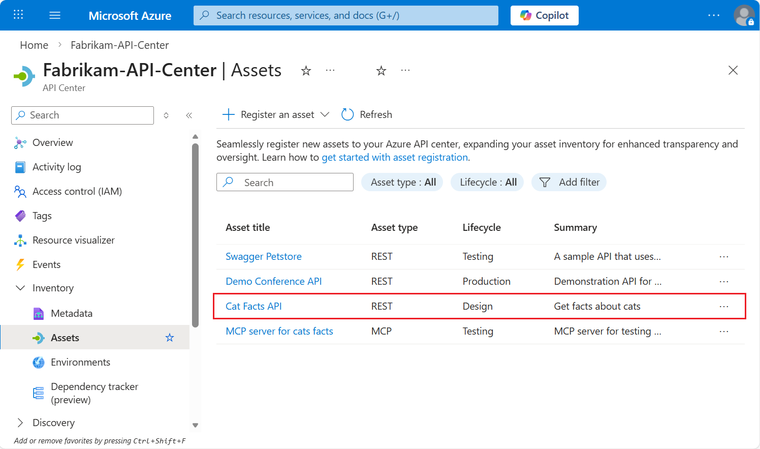 Screenshot of a new API registered in API Center after the workflow runs.