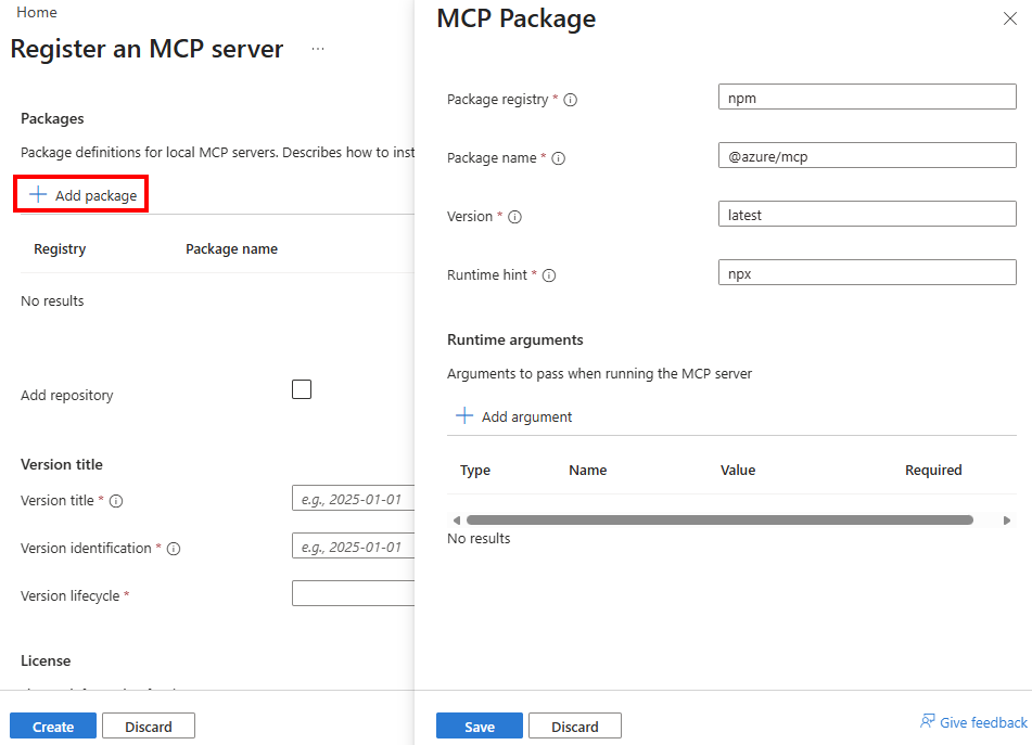 Screenshot showing registration of an MCP server package in the portal.