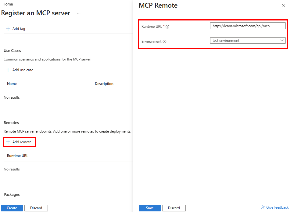 Screenshot showing registration of a remote MCP server in the portal.