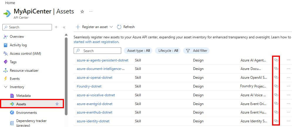 Screenshot of linked assets in API center in the portal.