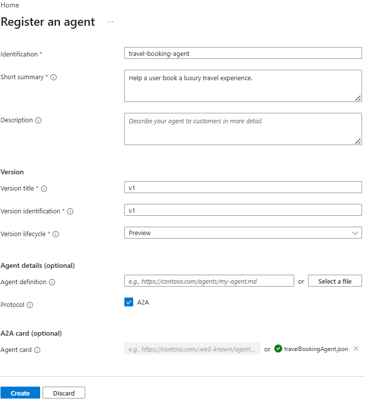 Screenshot of the Register an agent pane in the Azure portal.