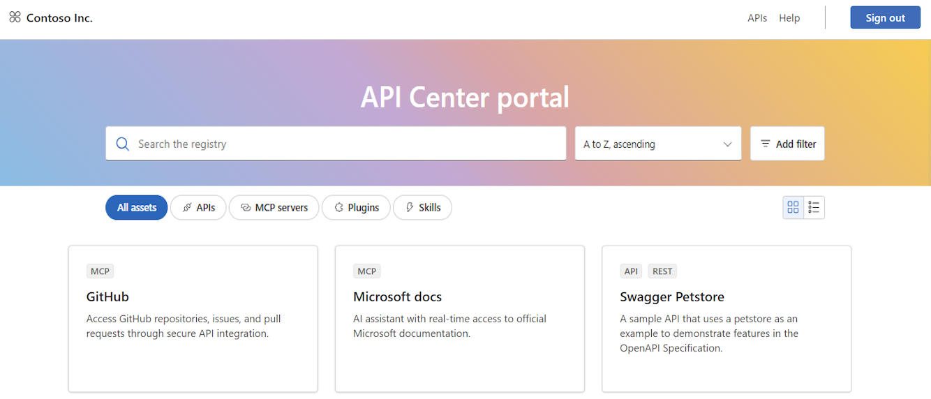 Screenshot of the API Center portal after user sign-in.