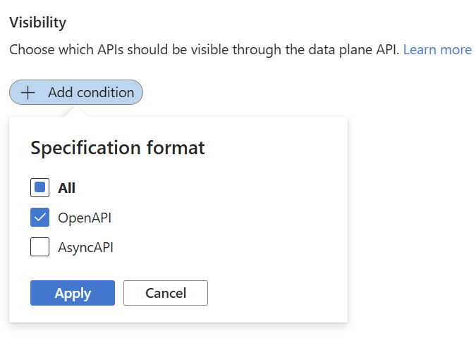 Screenshot of adding API visibility conditions in the portal.