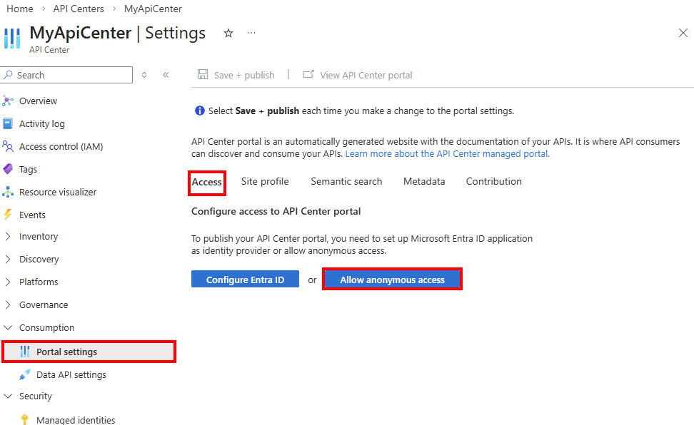 Screenshot showing configuration of anonymous access in the portal.