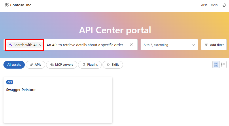 Screenshot of semantic search results in API Center portal.