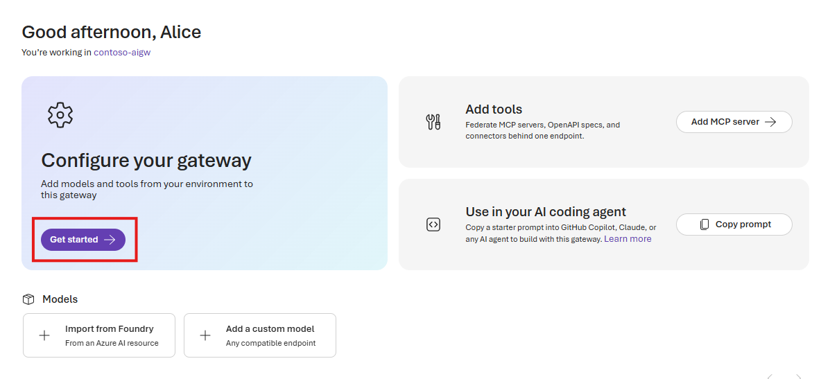 Screenshot of the AI Gateway tier portal in a newly created resource.