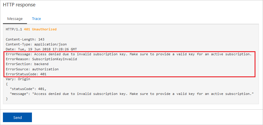 Screenshot shows the response to the example, which includes an error message.