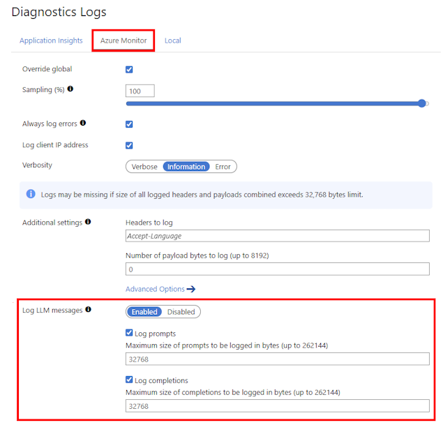 Screenshot of enabling language model logging for an API in the portal.