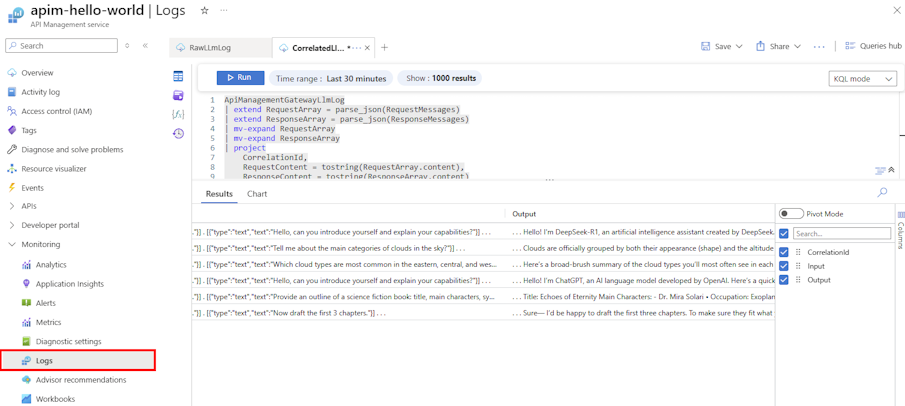 Screenshot of query results for language model logs in the portal.