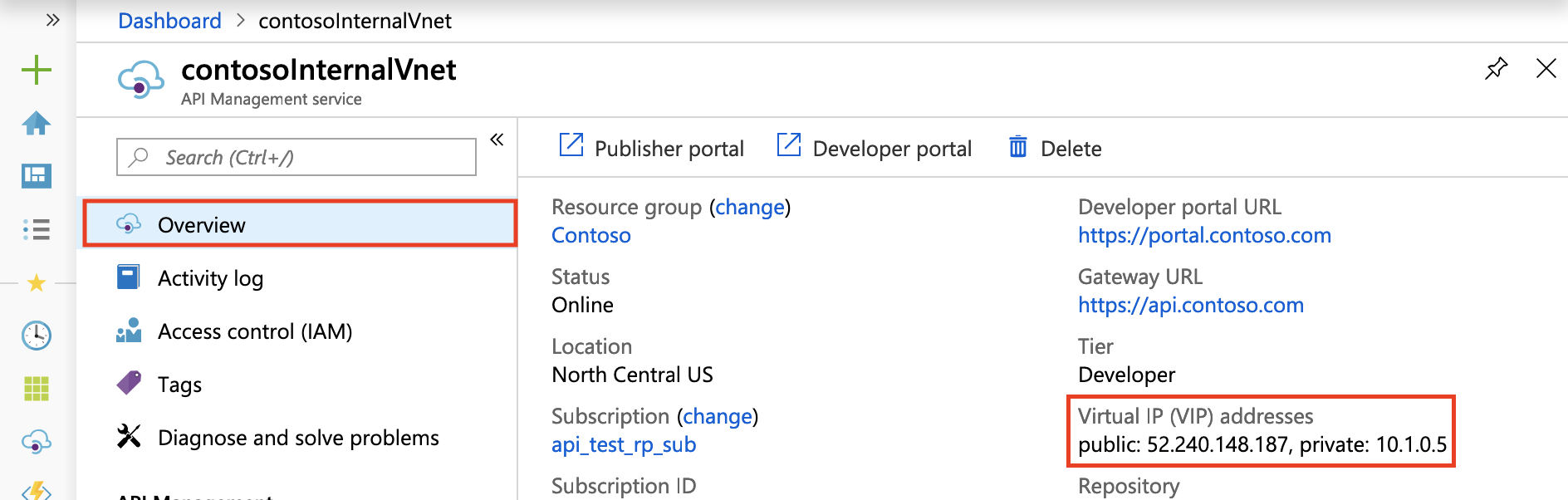 Screenshot of the API Management Overview page in the Azure portal that shows the public and private virtual IP addresses.