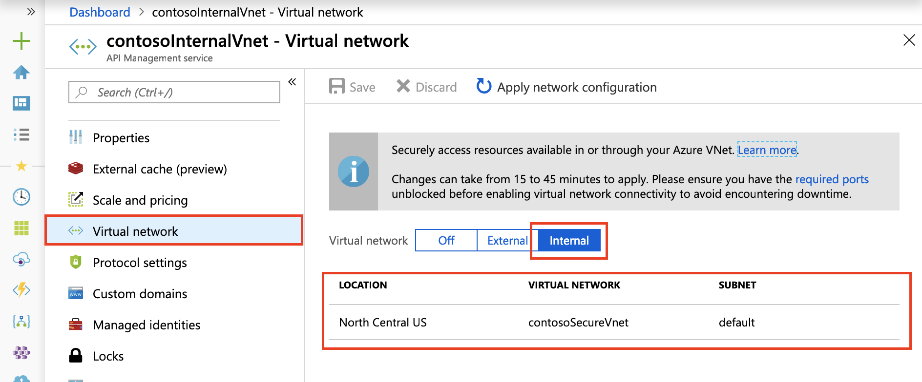 Screenshot that shows how to set up an internal virtual network for an API Management instance in the Azure portal.