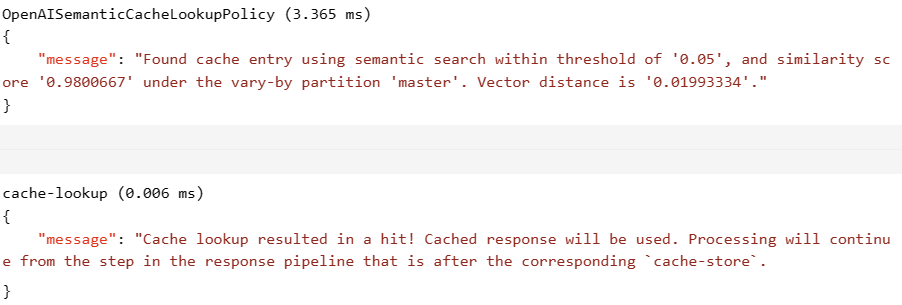 Screenshot of a request trace in the Azure portal, showing cache lookup entries in the Output section.