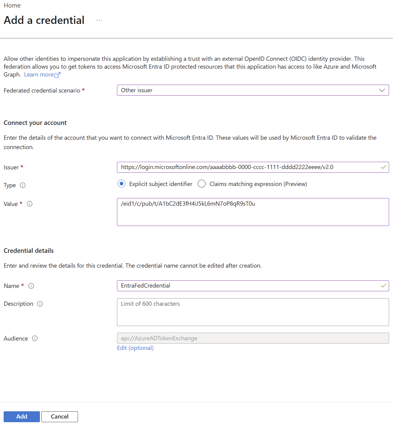 Screenshot of configuring a federated identity credential in the portal.