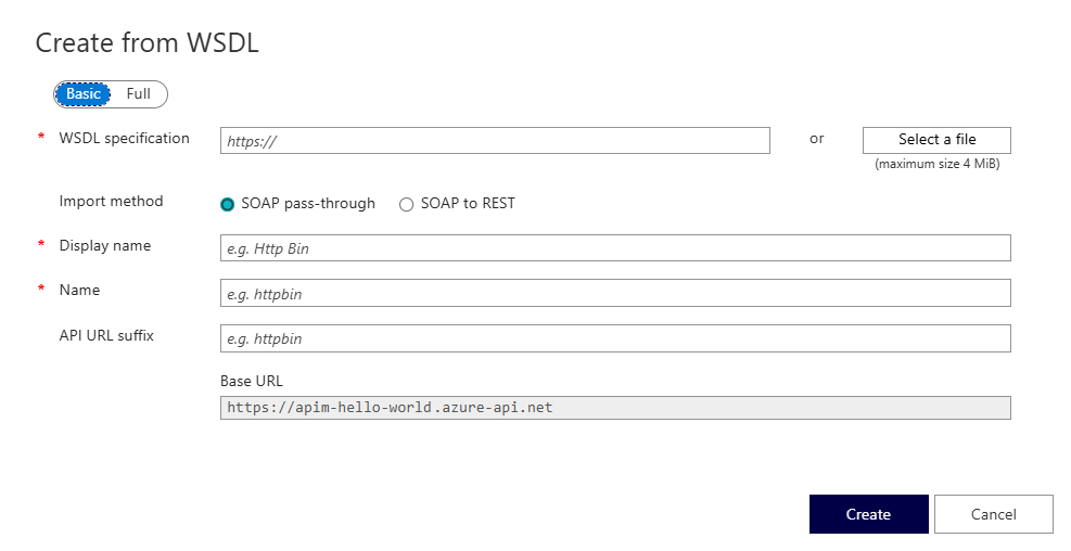 Screenshot shows the Create from WSDL page.