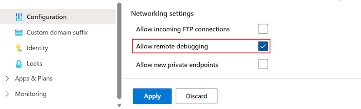 Screenshot that shows how to enable remote debugging for an App Service Environment in the Azure portal.