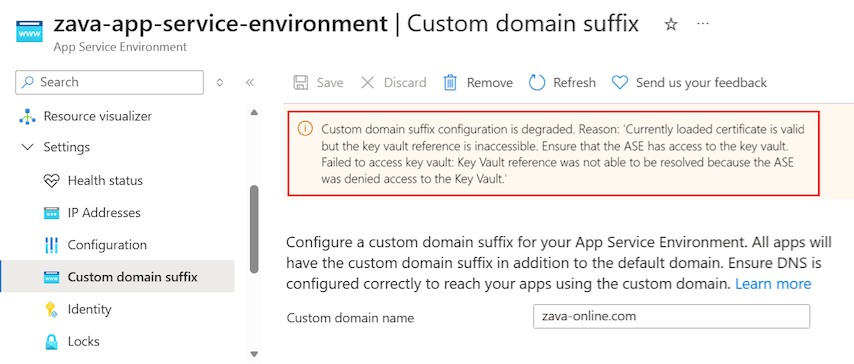 Screenshot of a configuration error for a custom domain suffix in the Azure portal.