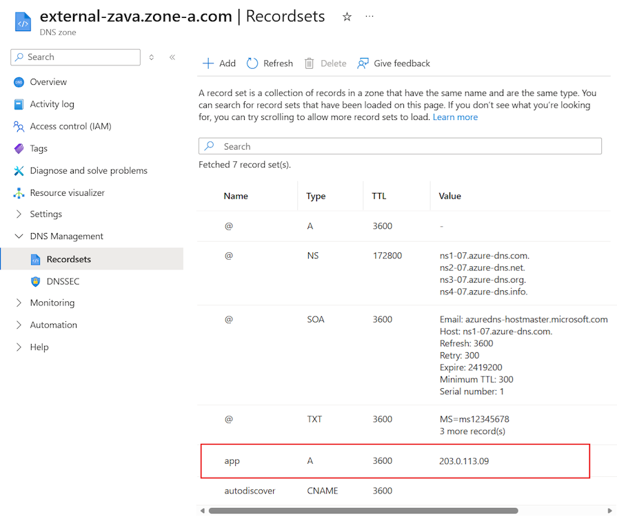 Screenshot that shows a record added to the DNS zone to map the app domain name to the public IP address of the application gateway.