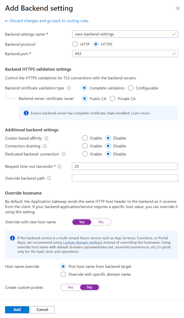 Screenshot that shows how to configure the backend settings for an HTTPS protocol connection in the Azure portal.
