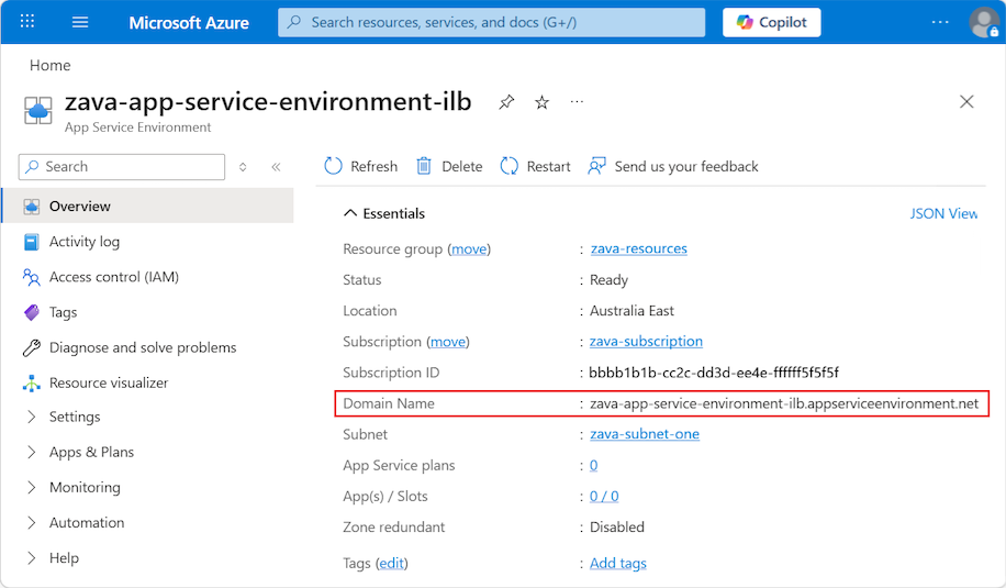 Screenshot that shows the domain name for an ILB App Service Environment in the Azure portal.