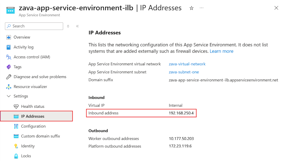 Screenshot that shows the Inbound IP address for an ILB App Service Environment in the Azure portal.