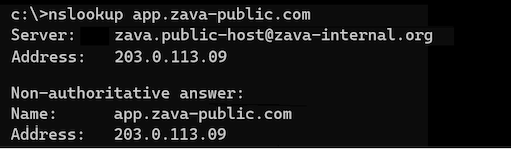 Screenshot of a command window showing a name resolution check on the app domain name to the gateway public IP address.