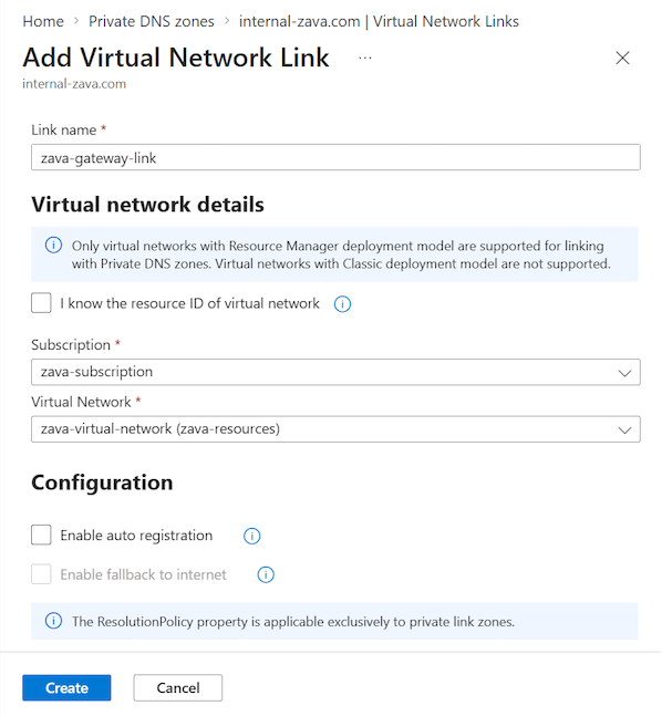 Screenshot that shows how to create a new virtual network link in a Private DNS zone in the Azure portal.