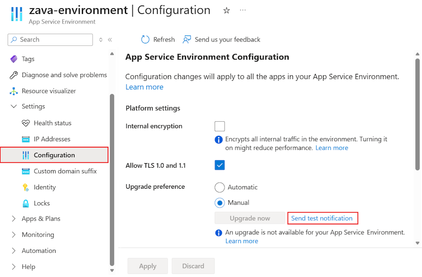 Screenshot that shows how to select 'Send test notification' for an App Service Environment with manual upgrade preference in the Azure portal.