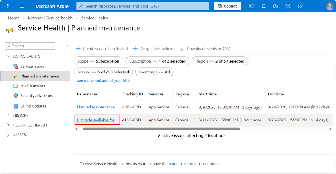 Screenshot of the Azure Monitor, Service Health dashboard in the Azure portal showing a filtered list of available upgrades.